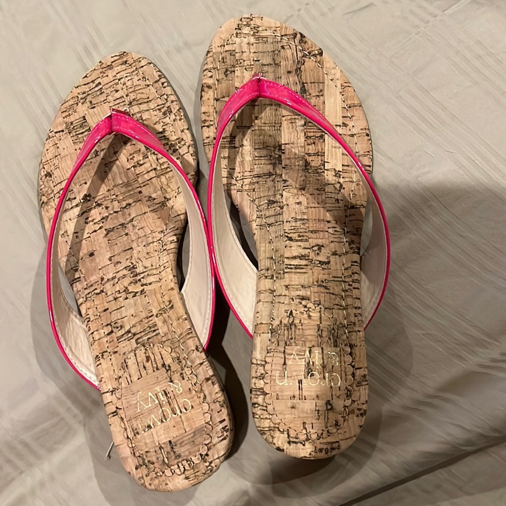 Hot pink and cork flip flops